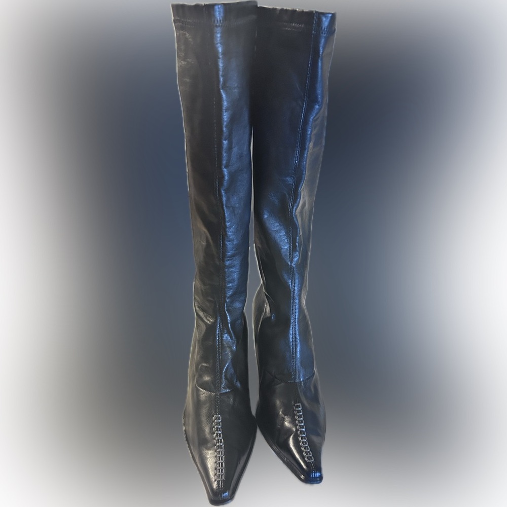 $75 sale Paul Green Tall Leather Boot Black 6 pointed square toe $600 retail S15